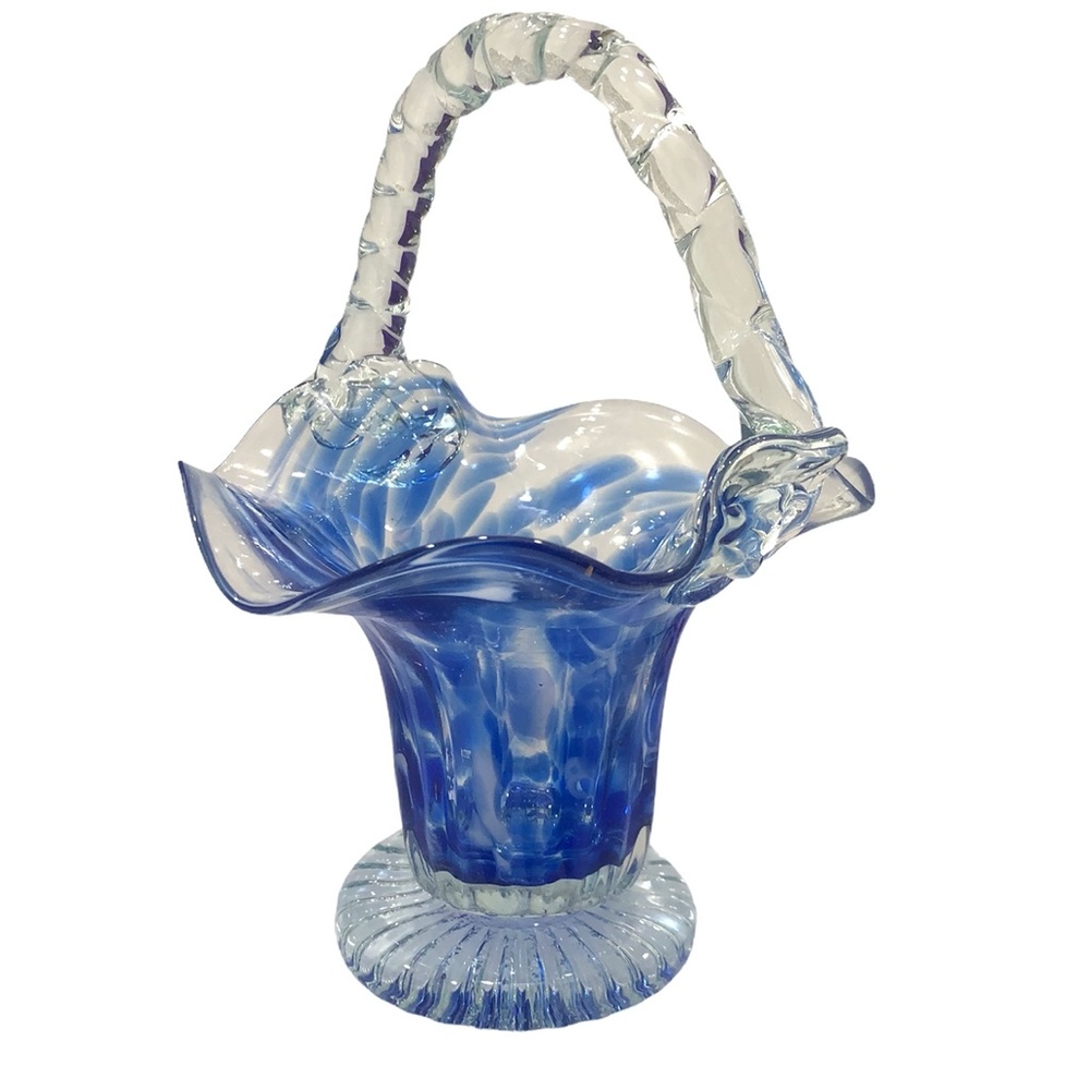 BLUE & CLEAR GLASS BASKET WITH RUFFLED WAVY EDGES